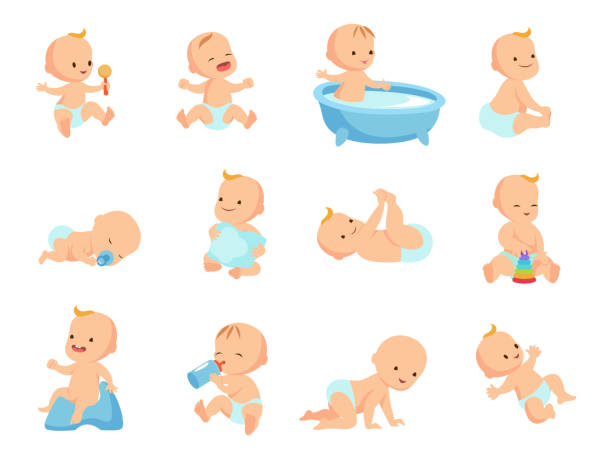 ilustraciones, imágenes clip art, dibujos animados e iconos de stock de bebé recién nacido grande en actividad aislado en blanco - newborn