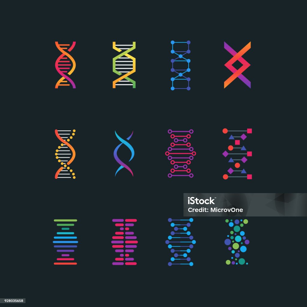 Menschliche Dna Forschung Technologie Symbole. Spirale-Molekül-medizinische Bio-Tech-Vektor-icons - Lizenzfrei DNA Vektorgrafik