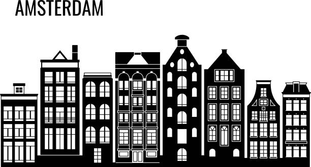 ilustraciones, imágenes clip art, dibujos animados e iconos de stock de fila de old amsterdam típicas casas vector siluetas - amsterdam netherlands city skyline
