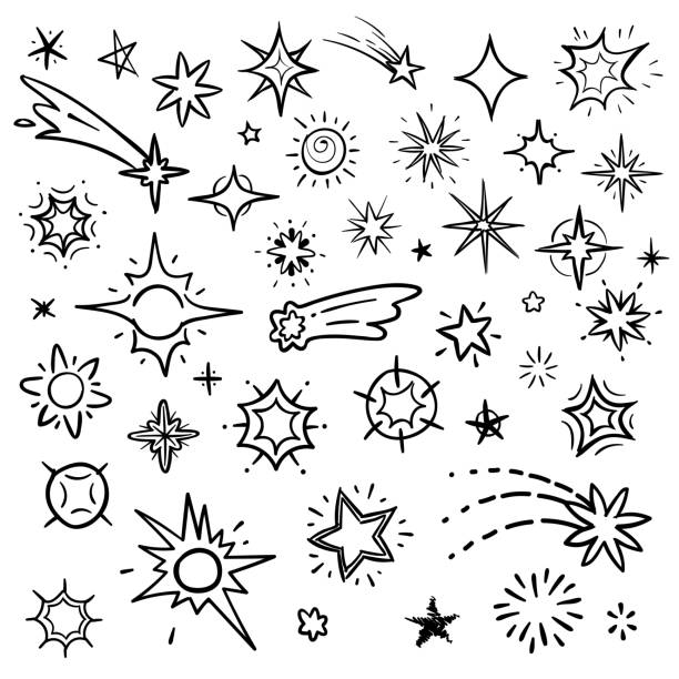 Doodle stars vector set isolated on white. Hand drawn sky with star and comets collection Doodle stars vector set isolated on white. Hand drawn sky with star and comets collection. Sketch drawn star, doodle comet and meteor illustration meteor illustrations stock illustrations