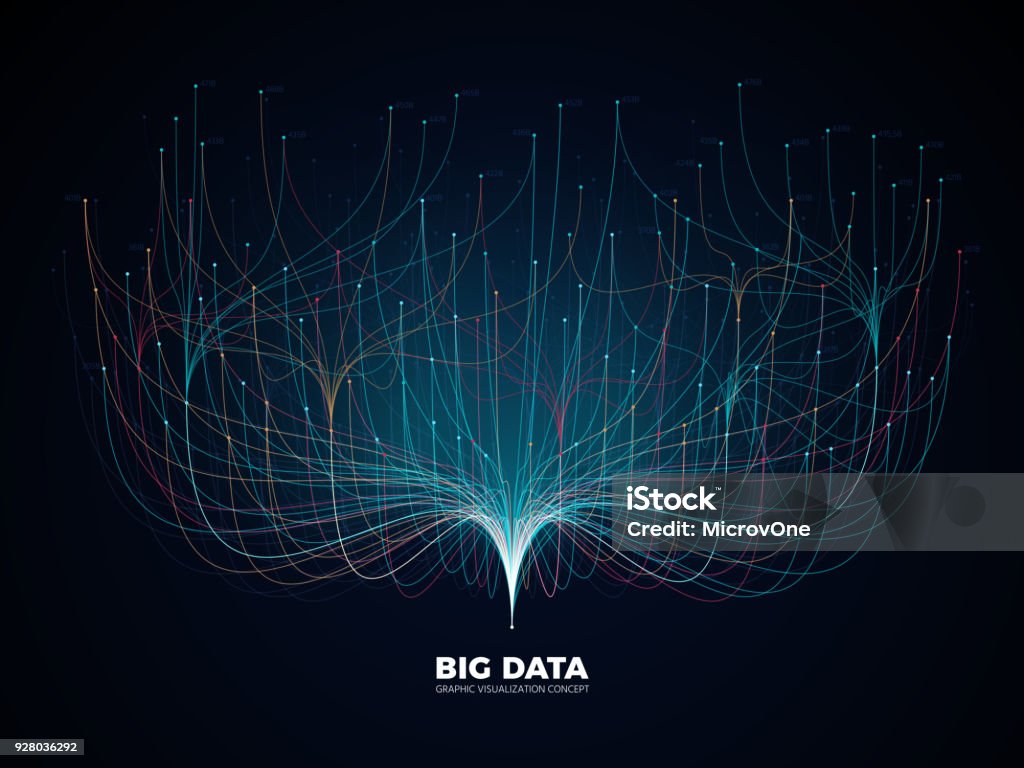Conceito de visualização de rede grande volume de dados. Indústria da música digital, ciência abstrata de fundo vector - Vetor de Dados royalty-free
