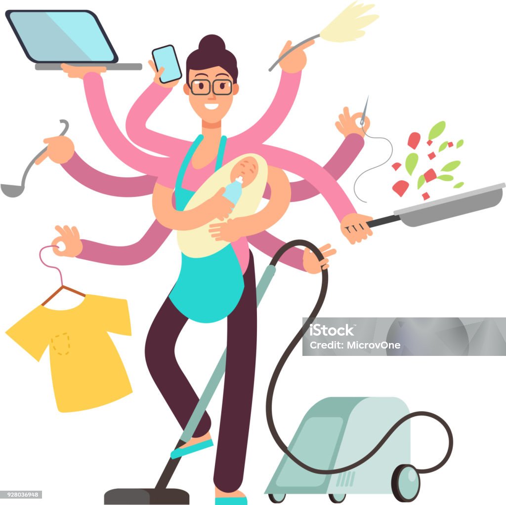 Super busy mother working and cooking simultaneously vector concept Super busy mother working and cooking simultaneously vector concept. Busy and cooking, mother with baby and work illustration Multi-Tasking stock vector