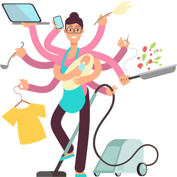 Super busy mother working and cooking simultaneously vector concept Super busy mother working and cooking simultaneously vector concept. Busy and cooking, mother with baby and work illustration working hard stock illustrations