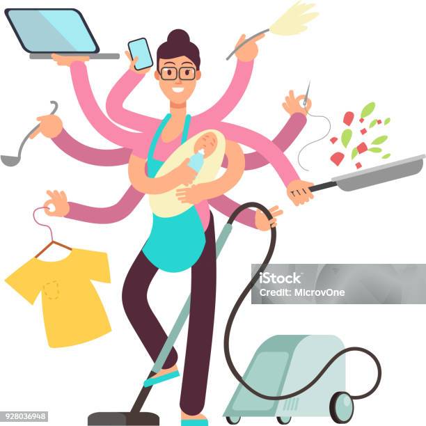 Super Busy Mother Working And Cooking Simultaneously Vector Concept Stock Illustration - Download Image Now