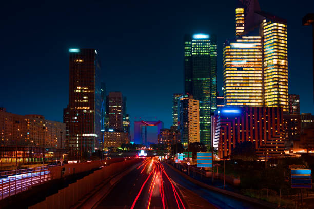 night photography of the business district La Defense in Paris