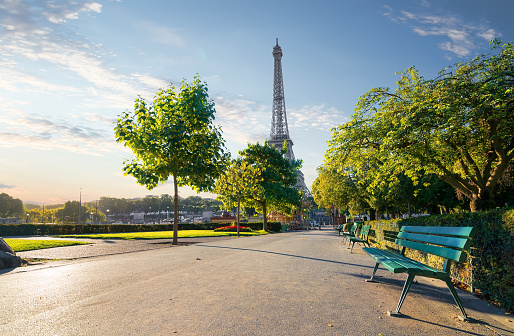 Garden Trocadero and view on Eiffel Tower in Paris, France