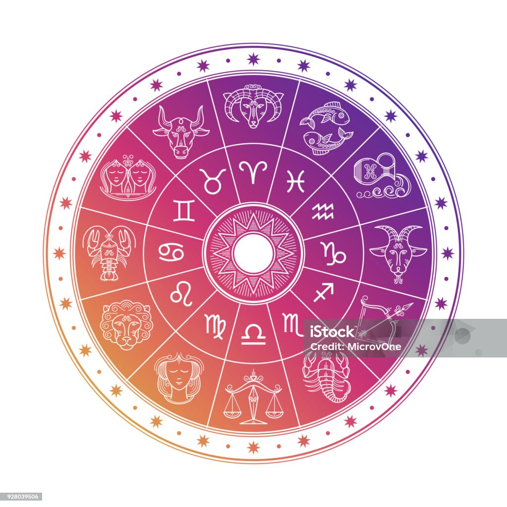 Colorful astrology circle design with horoscope signs isolated on white background Colorful astrology circle design with horoscope signs isolated on white background. Vector zodiac horoscope astrological illustration Astrology Sign stock vector