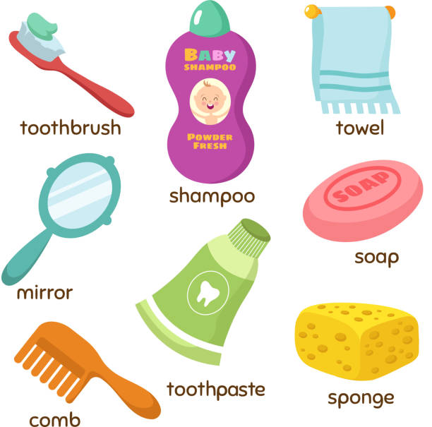 cartoon-bad-accessoires-wortschatz-vektor-icons. spiegel, tuch, schwamm, zahnbürste und seife - shampoos stock-grafiken, -clipart, -cartoons und -symbole