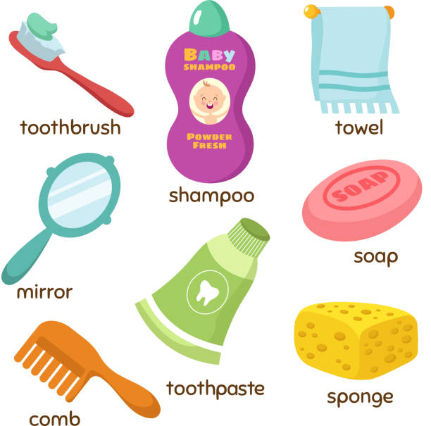 Cartoon bathroom accessories vocabulary vector icons. Mirror, towel, sponge, toothbrush and soap Cartoon bathroom accessories vocabulary vector icons. Mirror, towel, sponge, toothbrush and soap. Toothpaste and sponge, hygiene soap and comb illustration mirror object drawings stock illustrations
