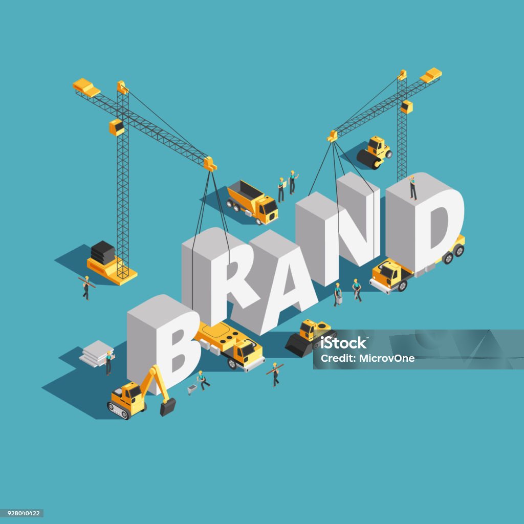 Brand building construction 3d isometric vector concept with construction machinery and workers Brand building construction 3d isometric vector concept with construction machinery and workers. Build construction brand conceptual illustration Advertisement stock vector