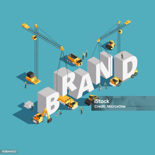 Brand Building Construction 3d Isometric Vector Concept With Construction Machinery And Workers Stock Illustration - Download Image Now