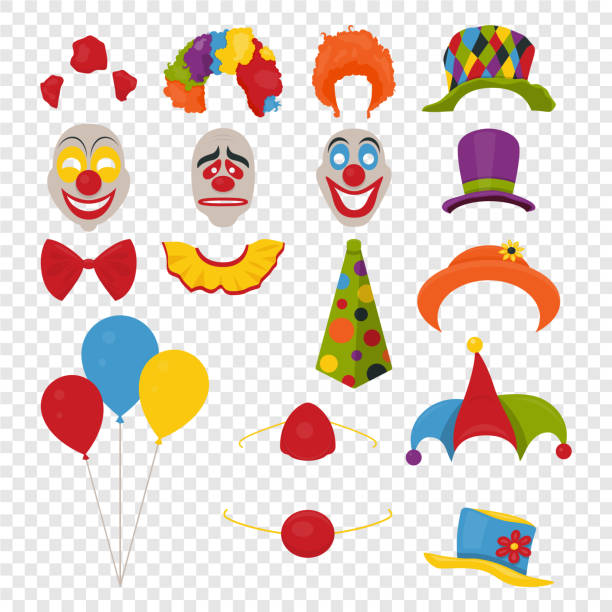 파티 생일 또는 1 4 월-바보의 하루 벡터-부스 소품 사진. 모자가 발, 넥타이, 광대 코, 마스크, 풍선 및 실린더 아이콘 설정된에 고립 된 투명도 격자 배경. 클립 아트, 그래픽 디자인 서식 파일 - clowns nose stock illustrations