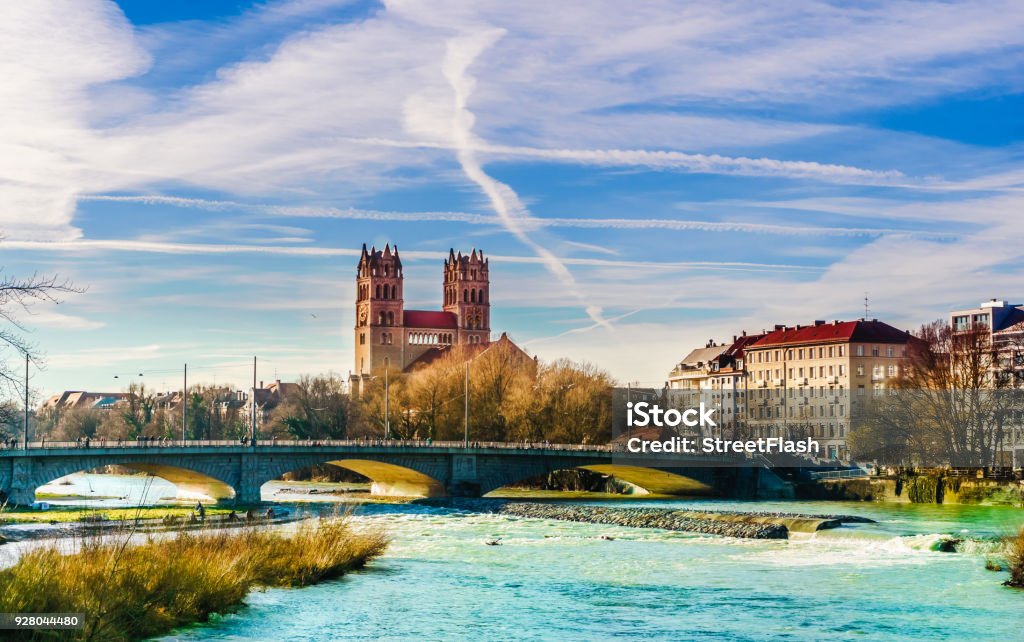 Winter landscape by St. Maximilian church and Isar in Munich View on winter landscape by St. Maximilian church and Isar in Munich Munich Stock Photo