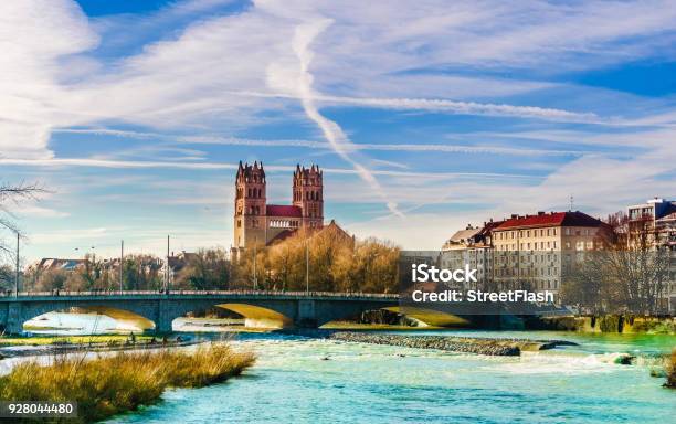 Winter Landscape By St Maximilian Church And Isar In Munich Stock Photo - Download Image Now