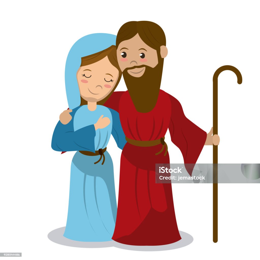 virgin mary and joseph holding stick hugging virgin mary and joseph holding stick hugging vector illustration Joseph - Husband of Mary stock vector