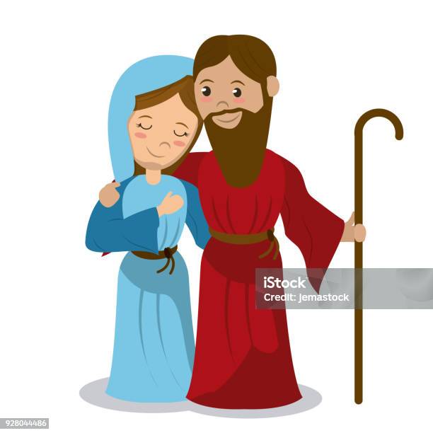 Virgin Mary And Joseph Holding Stick Hugging Stock Illustration - Download Image Now - Joseph - Husband of Mary, Virgin Mary, Adult