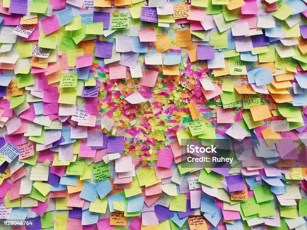 Wall Full Of Multi Colored Adhesive Papers Prague Stock Photo - Download Image Now - Adhesive Note, Busy, Wall - Building Feature