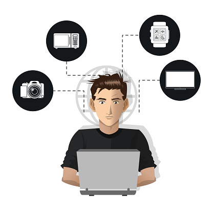 man usign computer internet things icons vector illustration
