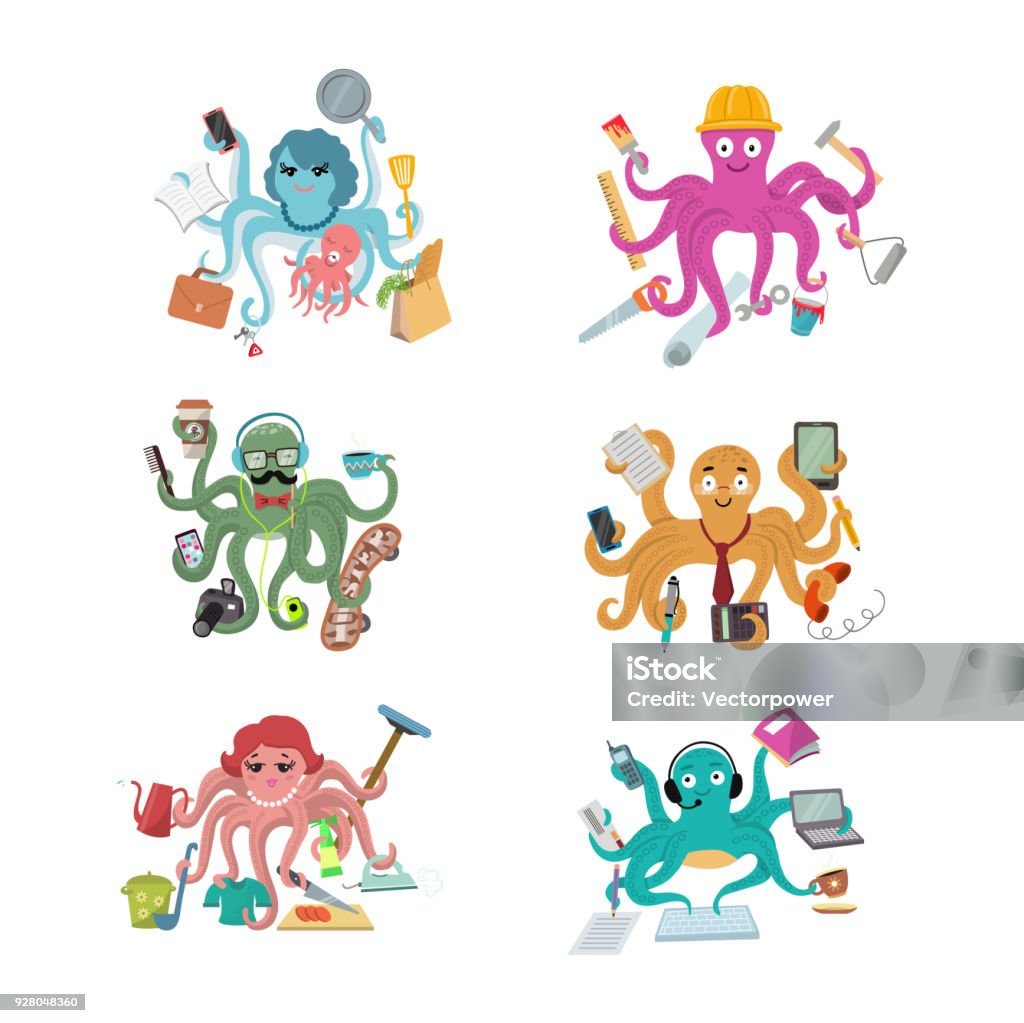 Octopus in business vector illustration octopi character of businessman constructor or housewife doing multiple tasks set of multitasking octopuses isolated on white background Octopus in business vector illustration octopi character of businessman constructor or housewife doing multiple tasks set of multitasking octopuses isolated on white background. Octopus stock vector