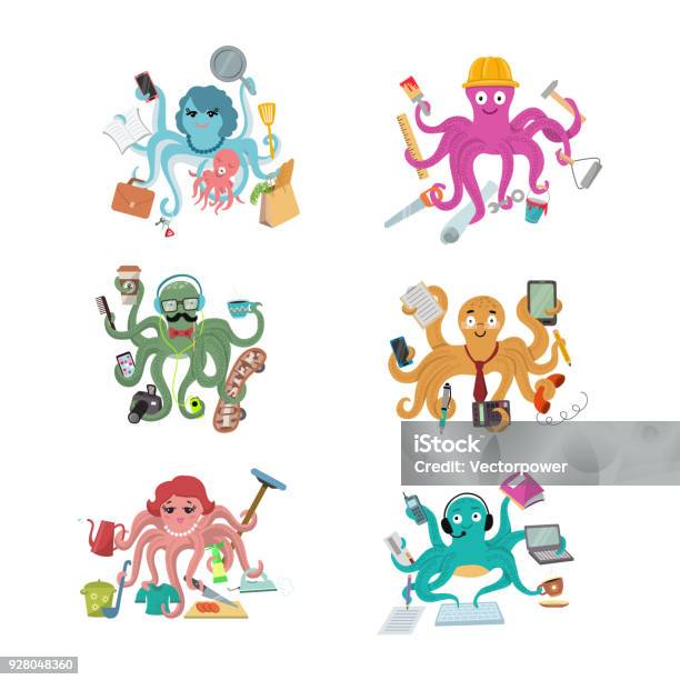 Octopus In Business Vector Illustration Octopi Character Of Businessman Constructor Or Housewife Doing Multiple Tasks Set Of Multitasking Octopuses Isolated On White Background Stock Illustration - Download Image Now