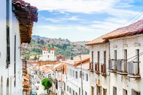 Colonial buildings in the old tow of Sucre - Bolivia stock photo