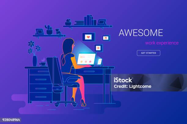Woman Working With Laptop At Her Work Desk Looking At Monitor And Smartphone Stock Illustration - Download Image Now