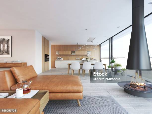 Modern Loft Apartment 3d Rendering Stock Photo - Download Image Now - Modern, Living Room, House