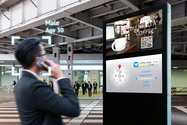 intelligent digital signage , augmented reality marketing and face recognition concept. interactive artificial intelligence digital advertisement navigator direction for retail coffee shop. - outdoor lifestyle imagens e fotografias de stock