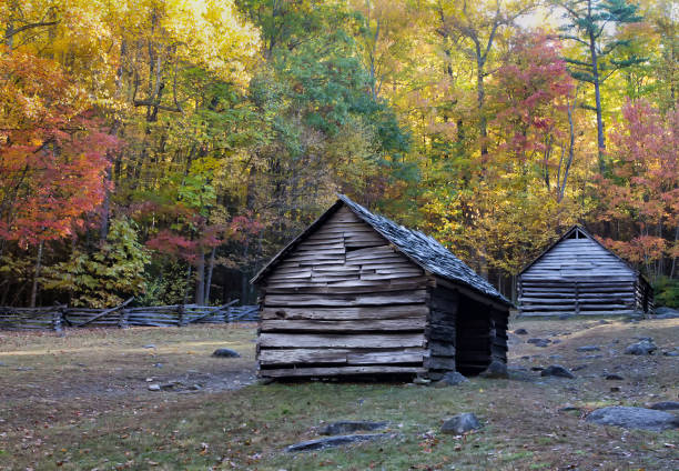 istock Log corn crib and horse barn on farm 928057788