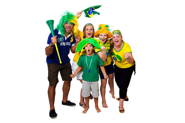 Brazilian fans celebrating a Brazilian soccer team goal on white background