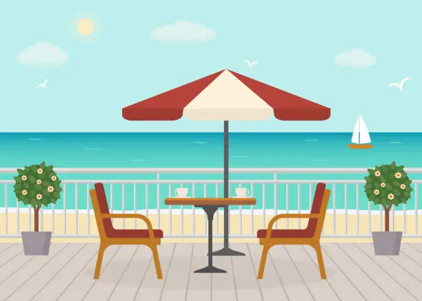 Vector illustration of Cafe on the terrace near the sea.