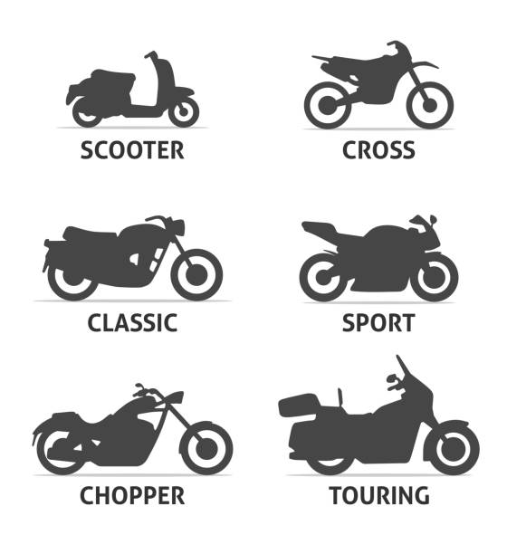 Motorcycle Type and Model Objects icons Set. Motorcycle Type and Model icons Set. Vector black illustration isolated on white background with shadow. Variants for web. motorcycle racing stock illustrations