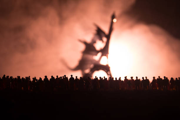 istock Blurred silhouette of giant monster prepare attack crowd during night. Selective focus. Decoration 928068772