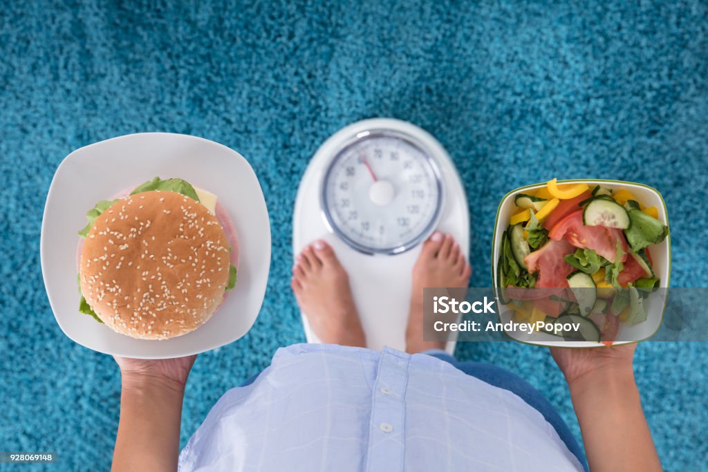 Person Holding Plates Of Burger And Salad High Angle View Of A Person Holding Burger And Salad Standing On Weighing Machine Dieting Stock Photo