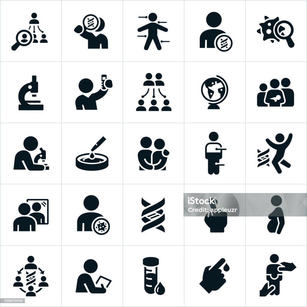 Genetic Testing Icons Icons related to DNA, genetic testing and heredity. The icons include families, offspring, DNA strand, DNA testing, and lab equipment to name a few. The icons illustrate concepts related to DNA testing. Icon Symbol stock vector