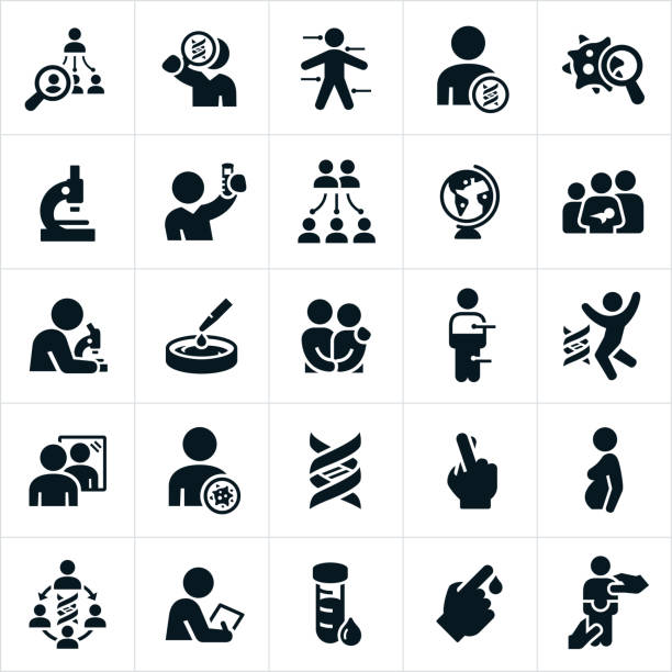 Genetic Testing Icons Icons related to DNA, genetic testing and heredity. The icons include families, offspring, DNA strand, DNA testing, and lab equipment to name a few. The icons illustrate concepts related to DNA testing. medical research blood stock illustrations