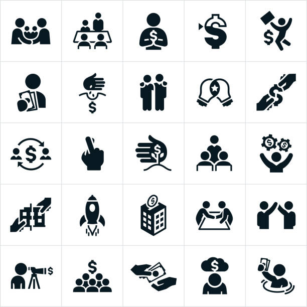 Venture Capital Icons A set of icons related to venture capital and private equity. The icons include investors, business owners, money, loans, presentations, funding, presentations and other related themes. small business owner stock illustrations