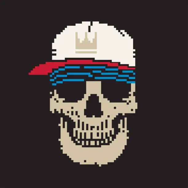 Vector illustration of Pixel art vector illustration of skull with bandana and cap