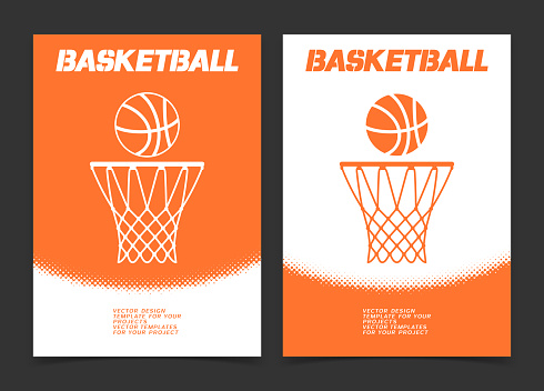 Basketball brochure or web banner design with ball and hoop icon. Vector illustration