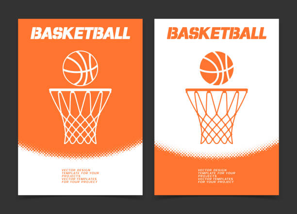 Basketball brochure or web banner design with ball and hoop icon vector art illustration