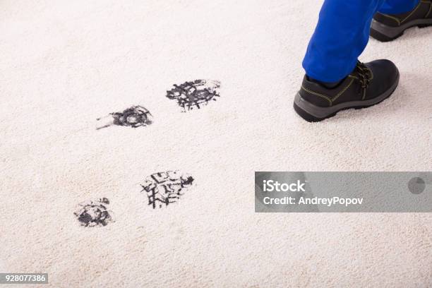 Elevated View Of Muddy Footprint On Carpet Stock Photo - Download Image Now - Carpet - Decor, Stained, Dirty