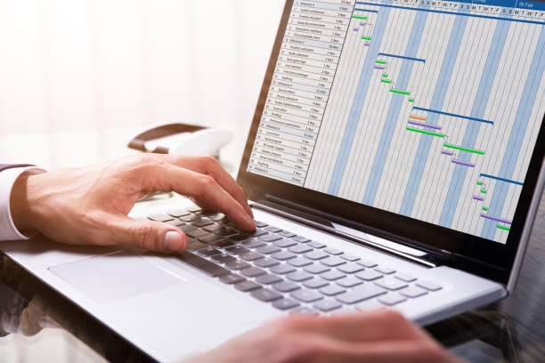 istock Businessperson Analyzing Gantt Chart On Laptop 928078206