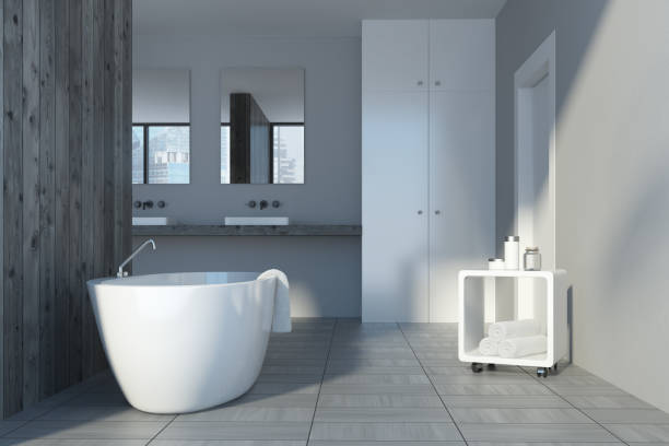 istock Gray and wooden bathroom interior, tub 928078336