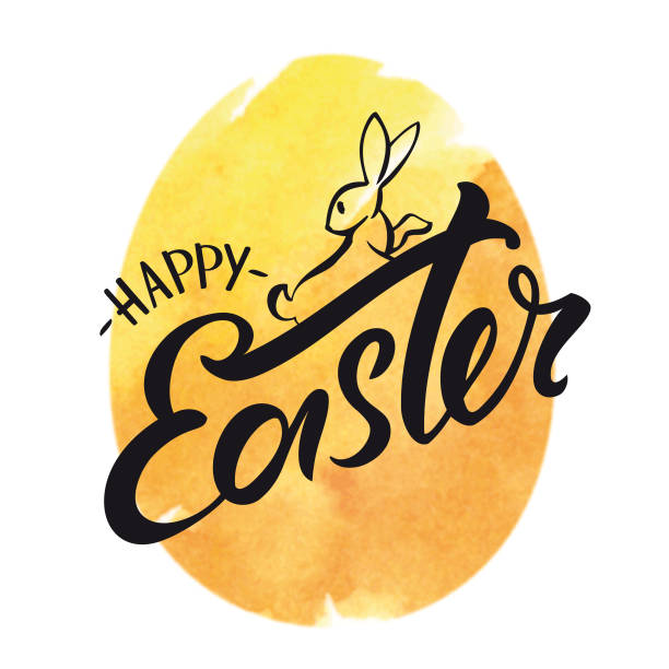 Happy easter egg watercolor typography with rabbit line art vector art illustration
