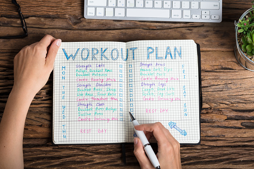 Close-up Of A Human Hand Preparing Workout Plan On Grid Notebook