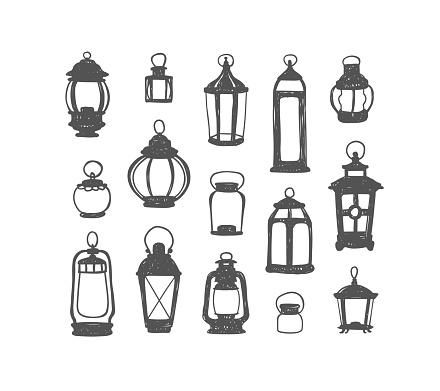 Set of 15 vector retro lanterns. Black on white doodle illustration