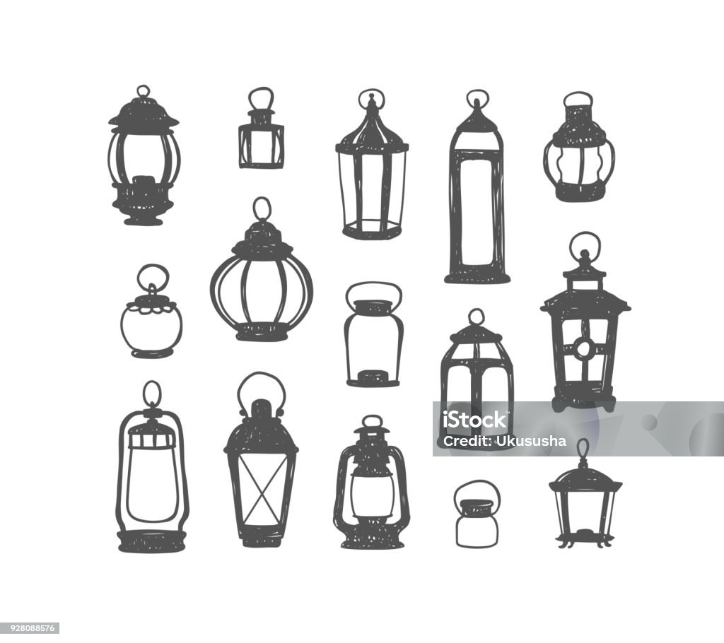 Set of 15 retro lanterns. Doodle illustration Set of 15 vector retro lanterns. Black on white doodle illustration Lantern stock vector