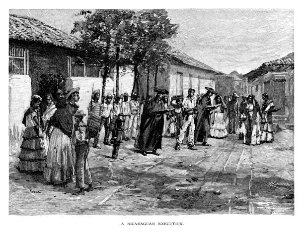 Nicaraguan Execution Nicaraguan Execution - Scanned 1891 Engraving firing squad stock illustrations