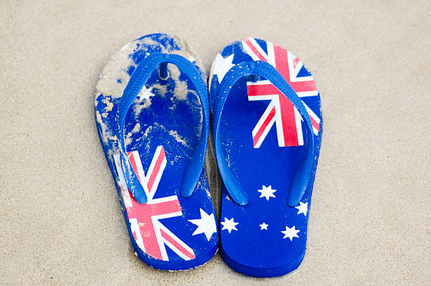 istock Sandy blue thongs with the Australian flag printed on them 92809633