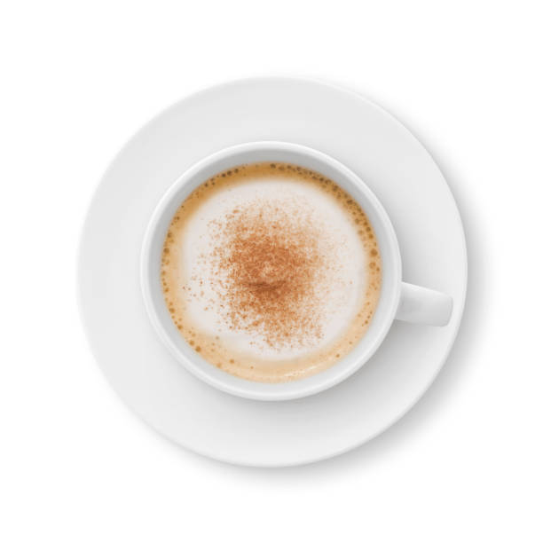 Cappuccino Coffee Cup and Saucer Top view of a cappuccino with cinnamon coffee cup and saucer isolated on white (excluding the shadow) cappuccino coffee froth milk stock pictures, royalty-free photos & images